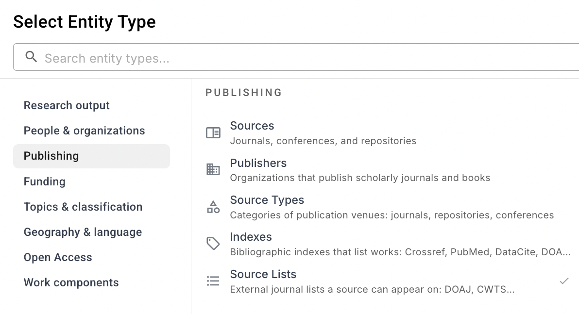 screenshot of source lists as entity to search in OpenAlex